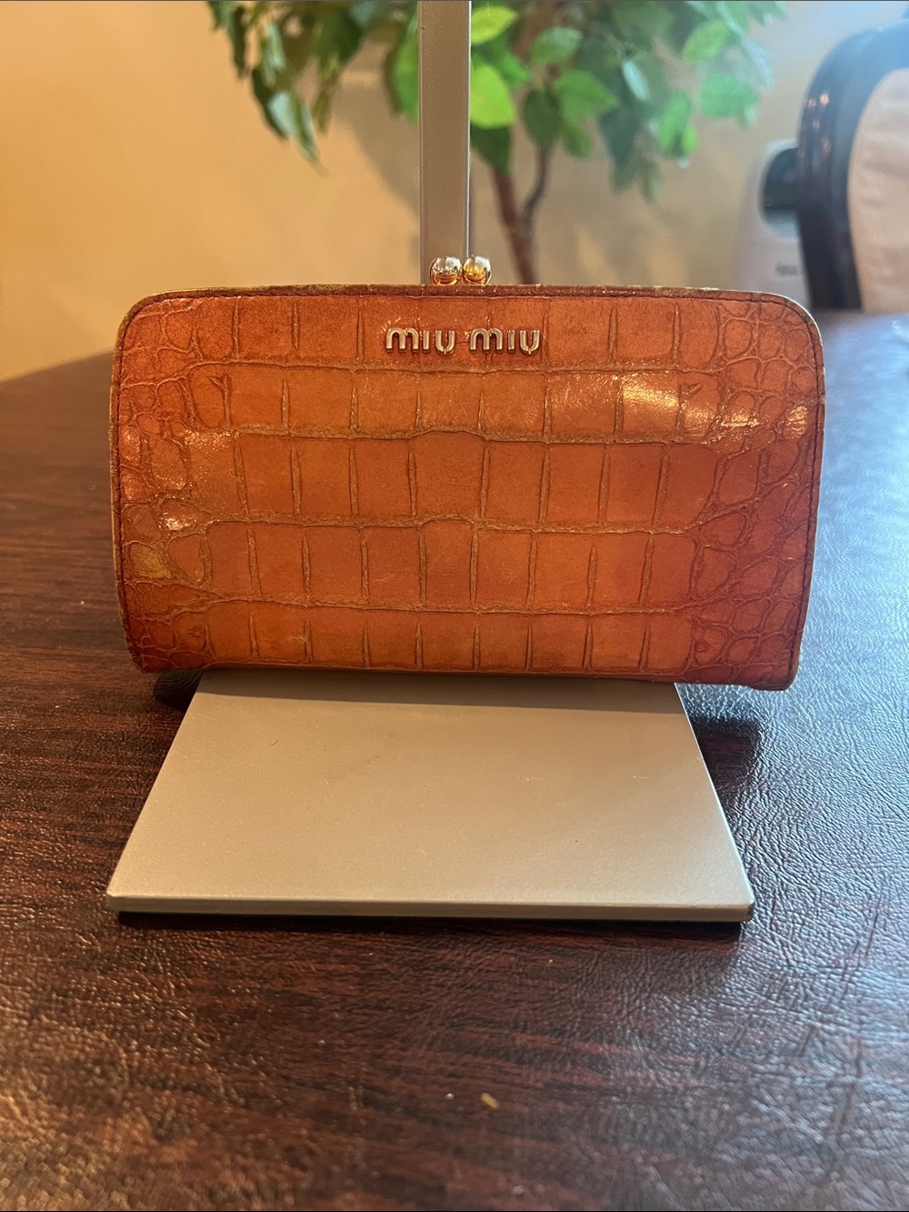 Miu Miu Croc-Embossed Leather Zip Wallet in Cognac